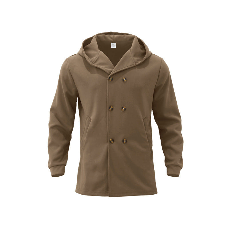 Herren eleganter Doppeltknopf-Mantel mit Kapuze und praktischen Taschen EB