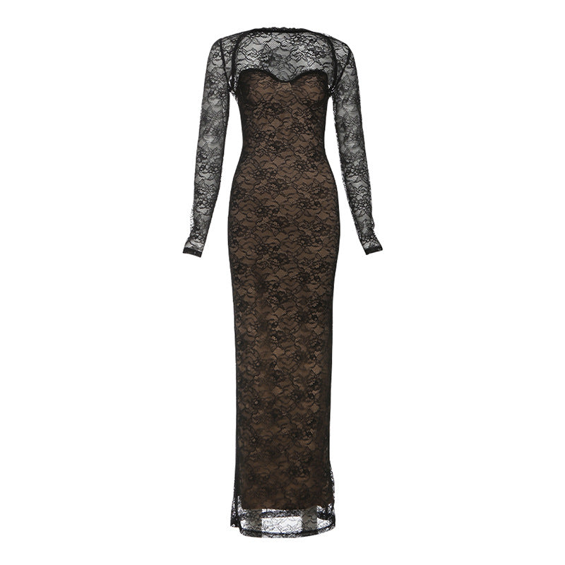 Damen Elegantes langes Spitzenkleid mit herzförmigem Ausschnitt und figurbetonendem Schnitt EB