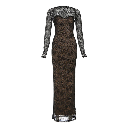 Damen Elegantes langes Spitzenkleid mit herzförmigem Ausschnitt und figurbetonendem Schnitt EB