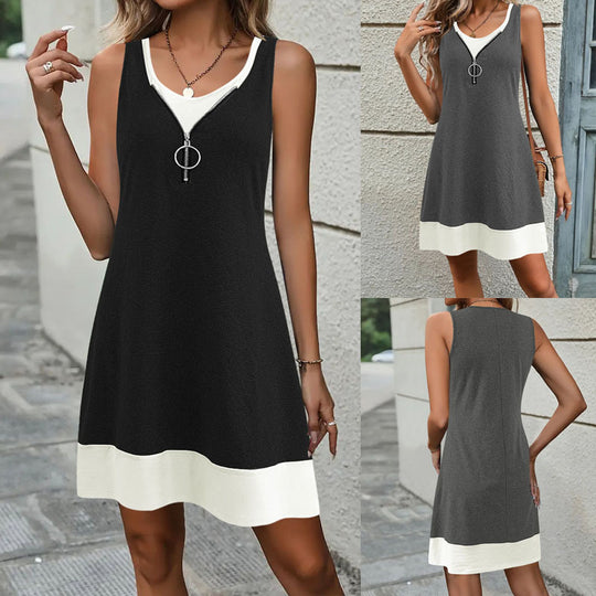 Damen ärmelloses Sommerkleid mit modischem Reißverschluss und Kontrastdetails EB