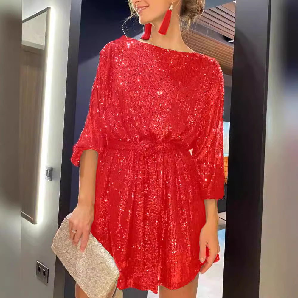 Damen Funkelndes Minikleid mit raffiniertem Faltenwurf und glamorous Ärmeln EB