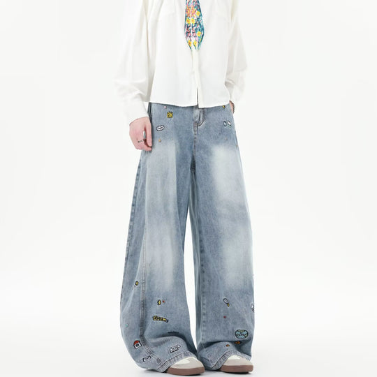 Damen Weit geschnittene Jeans mit bunten Stickereien EB