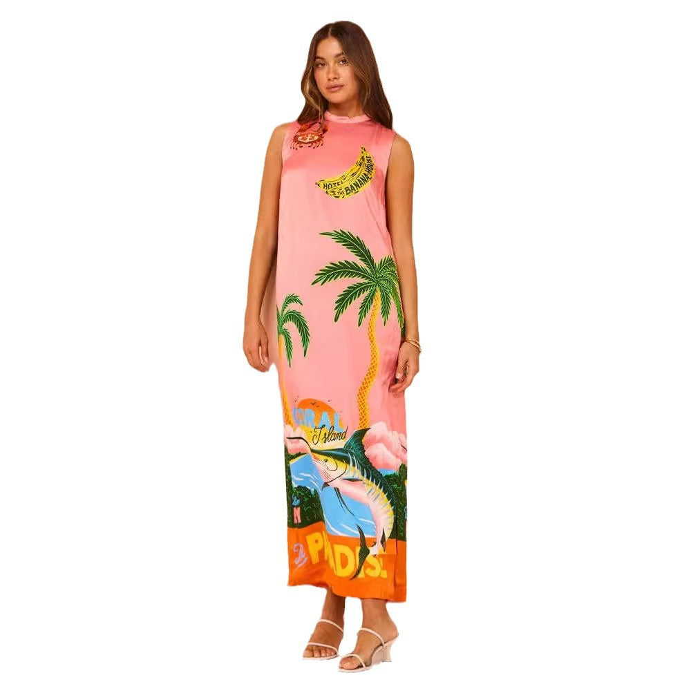 Damen Maxikleid mit buntem Tropenmotiv und lässigem Schnitt EB