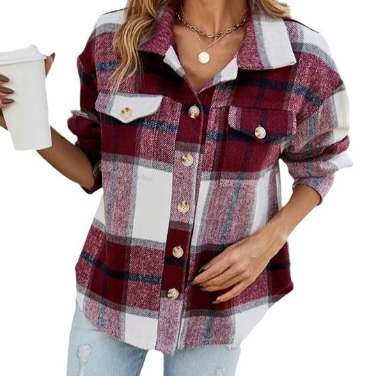Damen Karierte Flanelljacke mit Knopfleiste und Taschen EB