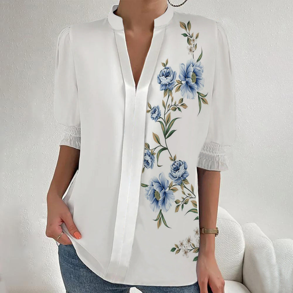 Damen Blumenprint Tunika-Bluse mit Stehkragen, geschlitzter V‑Blende und gerafften 3/4-Ärmeln EB