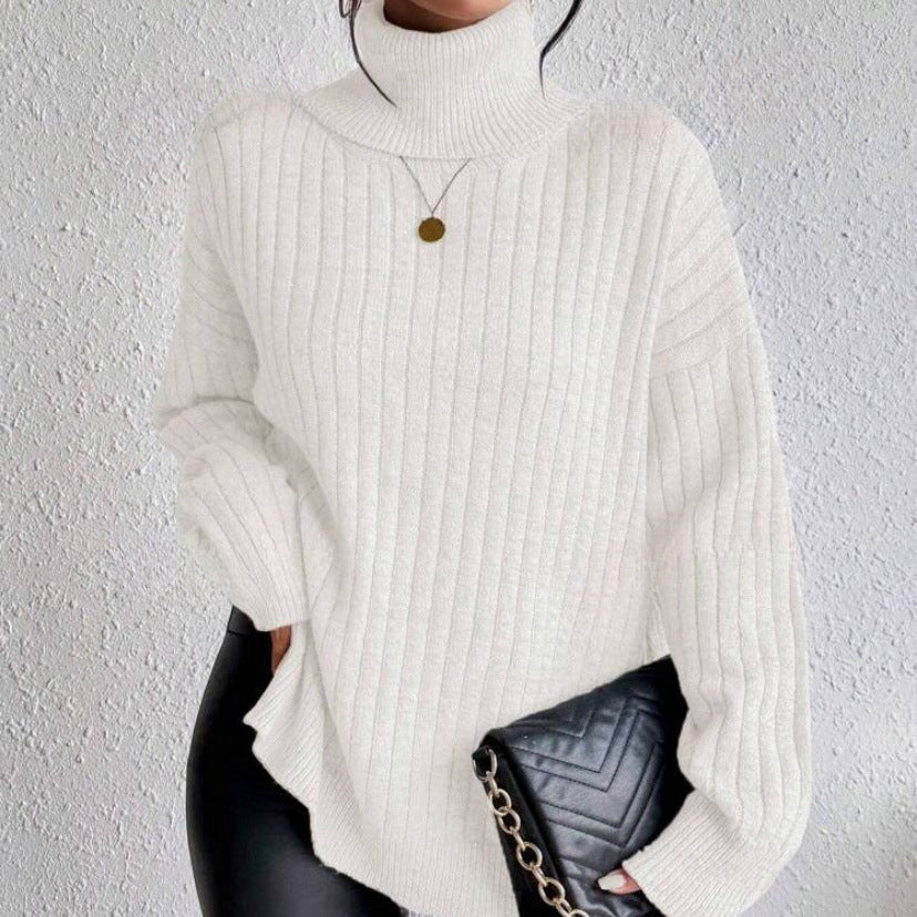Damen Modischer Rippstrickpullover mit hohem Kragen und lässigem Schnitt EB