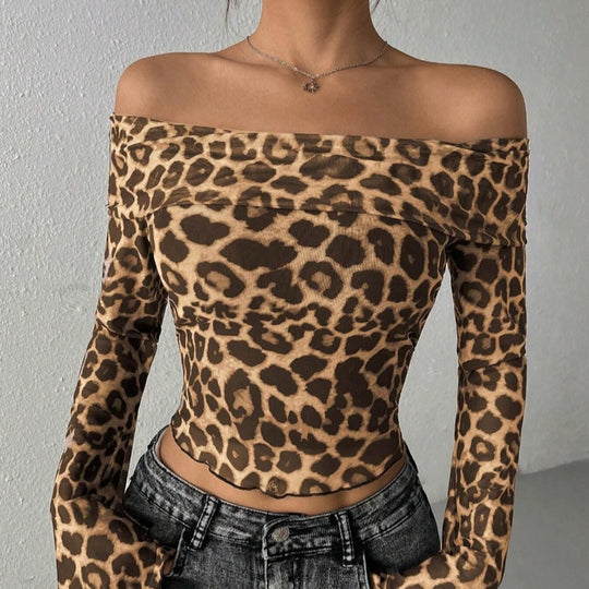 Damen Off-Shoulder Top mit lässigen Glockenärmel und animalischem Muster EB