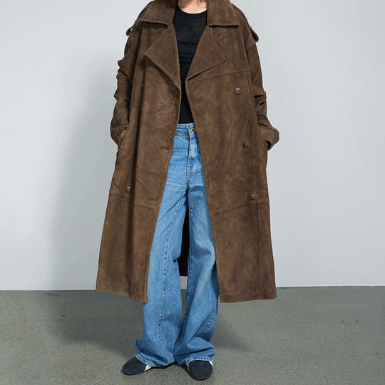 Damen Eleganter Wildleder Trenchcoat mit praktischen Taschen und modernem Schnitt EB