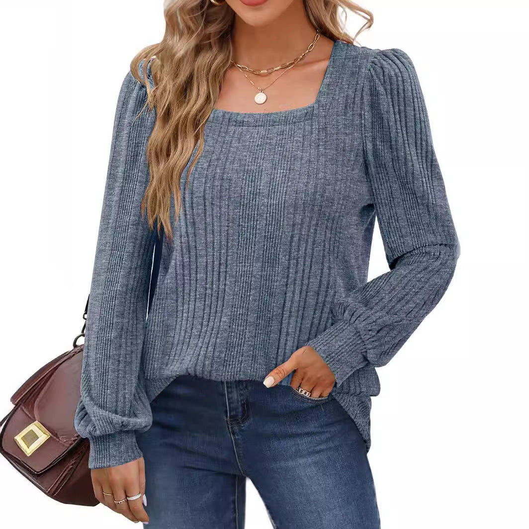 Damen modischer Pullover mit strukturiertem Rippmuster und Puffärmeln EB