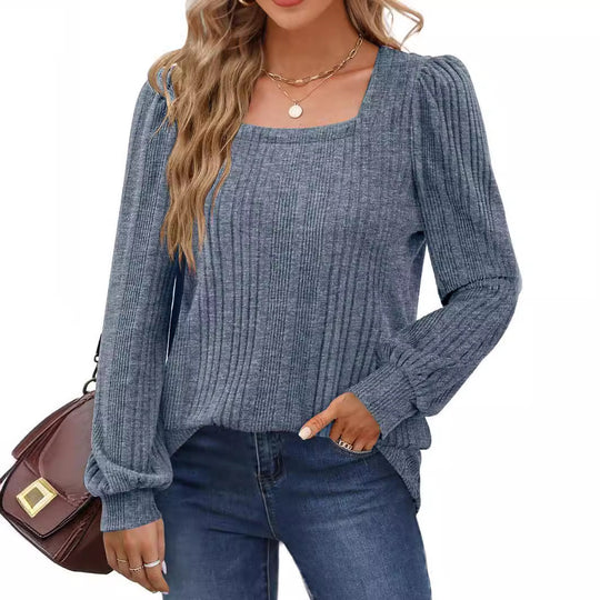 Damen modischer Pullover mit strukturiertem Rippmuster und Puffärmeln EB