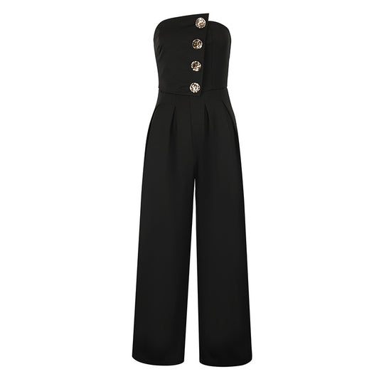 Damen Elegantes Jumpsuit mit asymmetrischem Ausschnitt und dekorativen Knöpfen EB