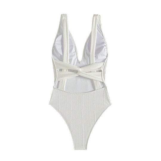 Damen Einteiliger Badeanzug mit tiefem V-Ausschnitt und strukturiertem Design EB