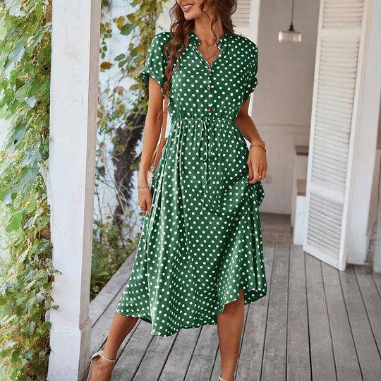 Damen Elegantes Hemdblusenkleid mit tailliertem Design und Polka-Dots EB