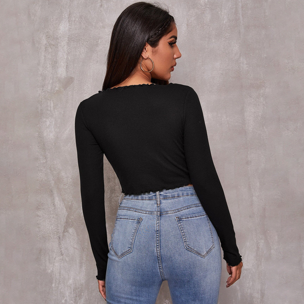 Damen geripptes Cropped-Longsleeve mit Tunnelzugvorderseite, Bindekordeln und gewelltem Saum Eichborn Berlin