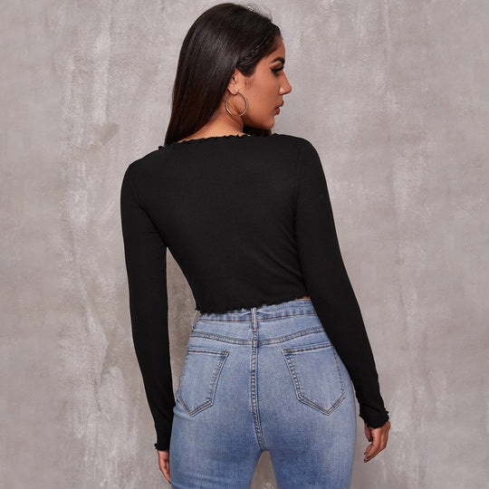 Damen geripptes Cropped-Longsleeve mit Tunnelzugvorderseite, Bindekordeln und gewelltem Saum Eichborn Berlin