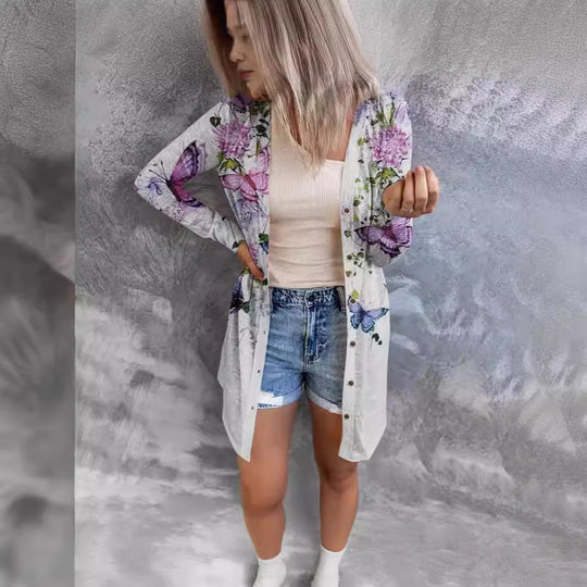 Damen längerer Blusenjacke mit floralem Muster EB