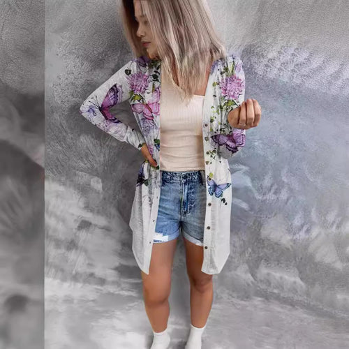 Damen längerer Blusenjacke mit floralem Muster EB