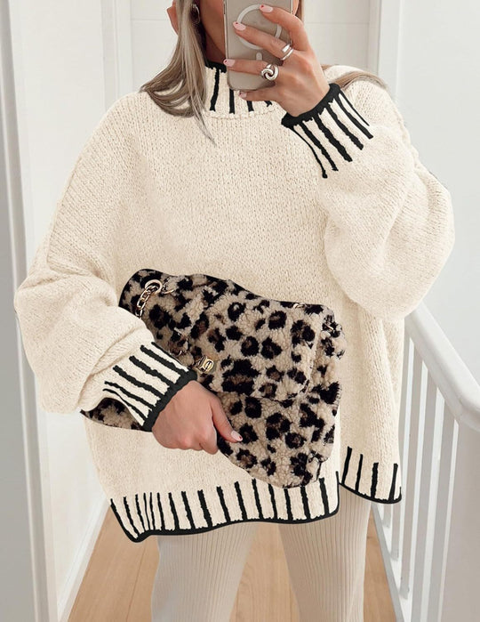 Damen lässiger Grobstrickpullover mit modernem Streifenmuster EB