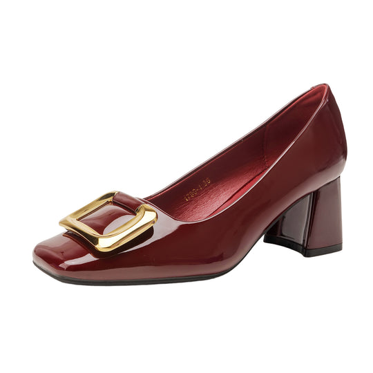 Damen elegante High Heels mit schickem quadratischem Zehenbereich und goldener Schnalle EB