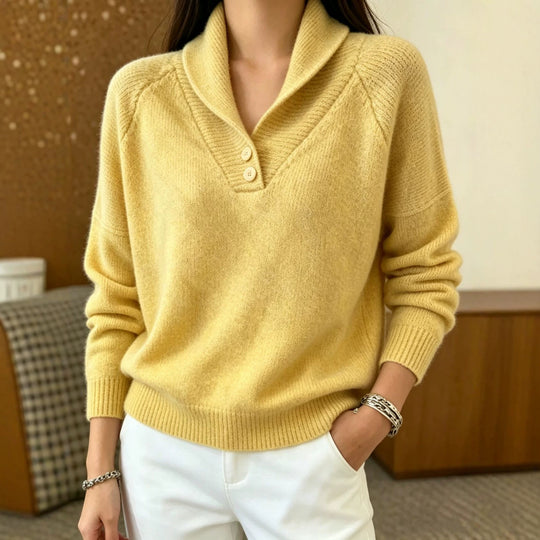 Damen Weicher Schalkragen‑Pullover mit halber Knopfleiste und Raglanärmeln EB