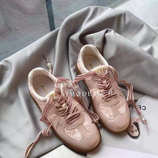 Damen Modische Sneakers mit floralem Design und dekorativen Schnürsenkeln EB