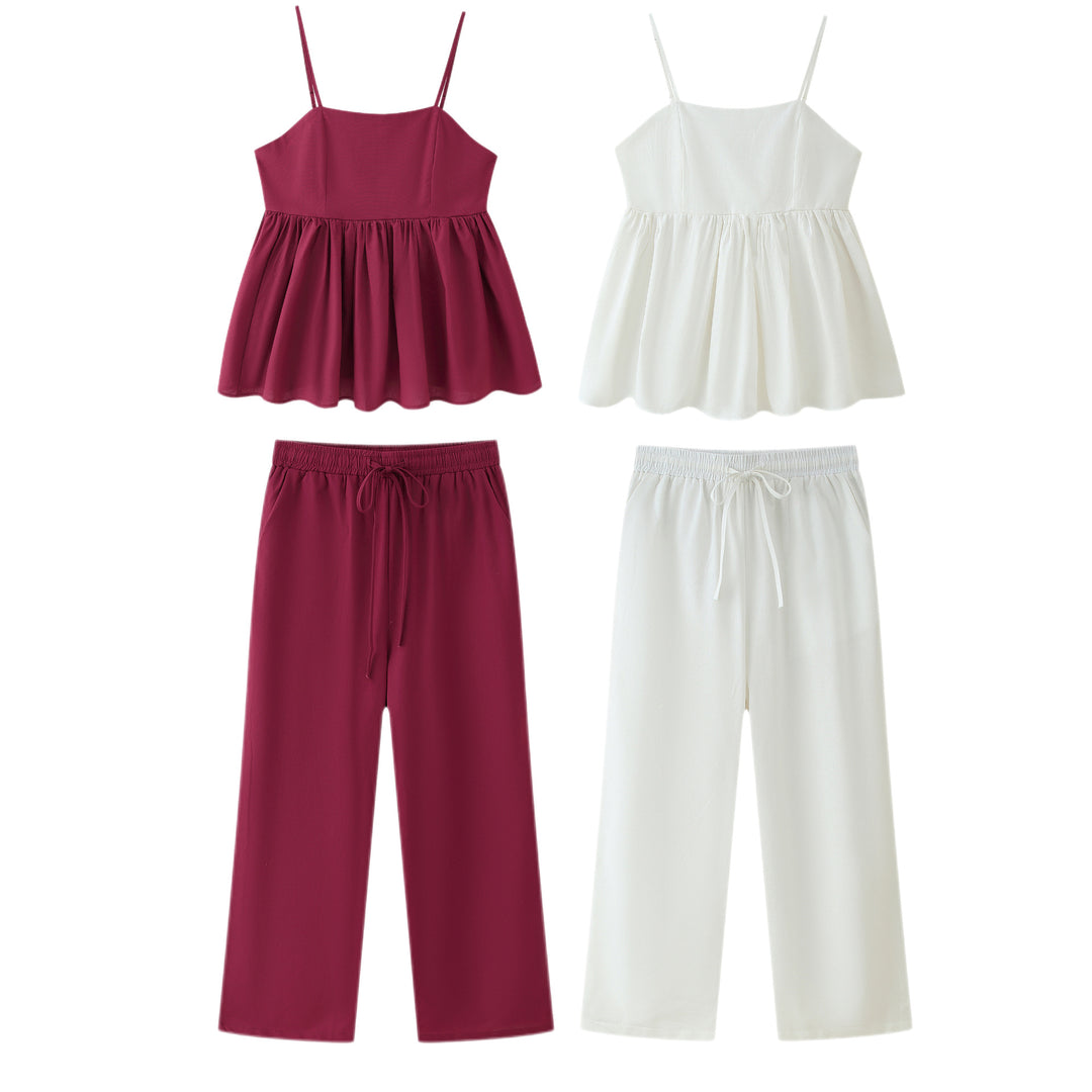 Damen Baumwoll-Pyjama-Set mit verstellbaren Spaghetti-Trägern und elastischem Bund EB