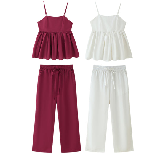 Damen Baumwoll-Pyjama-Set mit verstellbaren Spaghetti-Trägern und elastischem Bund EB