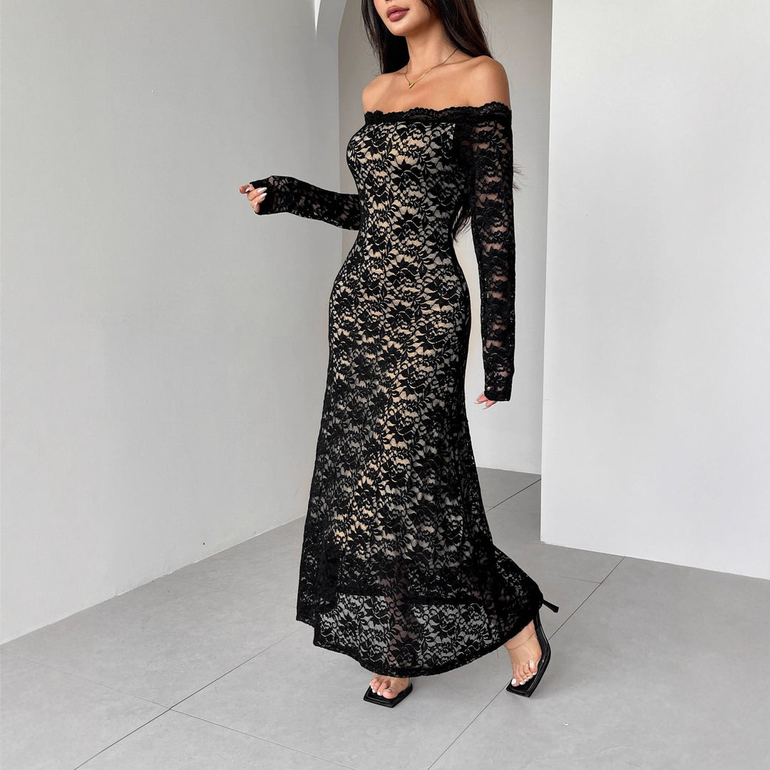 Damen nan schulterfreies Spitzenmidikleid mit feiner floraler Spitze, gefütterter Innenlage und tailliertem Schnitt EB