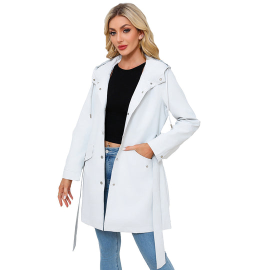 Damen wasserfeste Übergangsjacke mit verstellbarem Kapuzenkragen und Taillengürtel EB