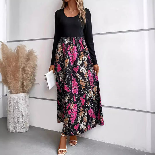 Damen Maxikleid mit floralem Print und langen Ärmeln EB