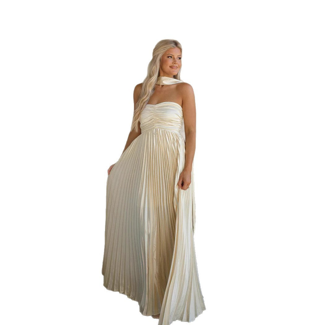Damen Langarm Maxi-Kleid mit elegantem Faltenrock und schulterfreier Silhouette EB