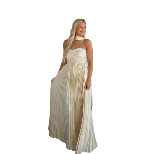Damen Langarm Maxi-Kleid mit elegantem Faltenrock und schulterfreier Silhouette EB