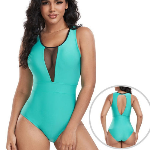 Damen Einteiler Badeanzug mit tiefem V-Ausschnitt und eleganten Netzdetails EB