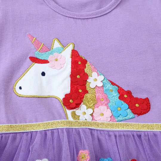 Mädchen Tüllkleid mit bunten Einhorn- und Blumenapplikationen EB