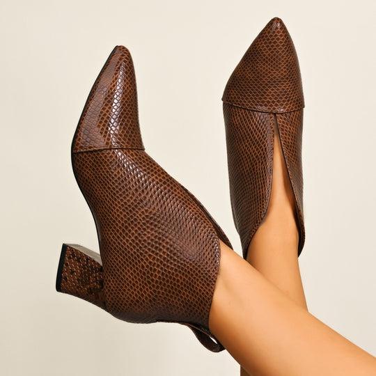 Damen  spitze Ankle Boots mit Schlangenprägung, V-Ausschnitt und stabilem Blockabsatz EB