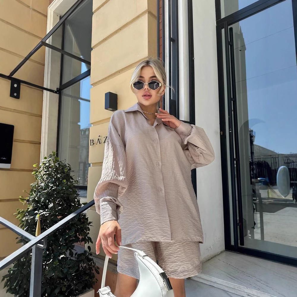 Damen Zweiteiliges texturiertes Loungewear‑Set mit Oversized‑Hemd und elastischer Taillen‑Shorts EB