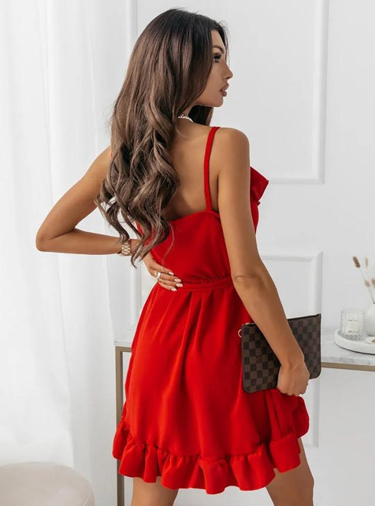 Damen Wickelkleid mit Rüschendetails und tiefem V-Ausschnitt EB