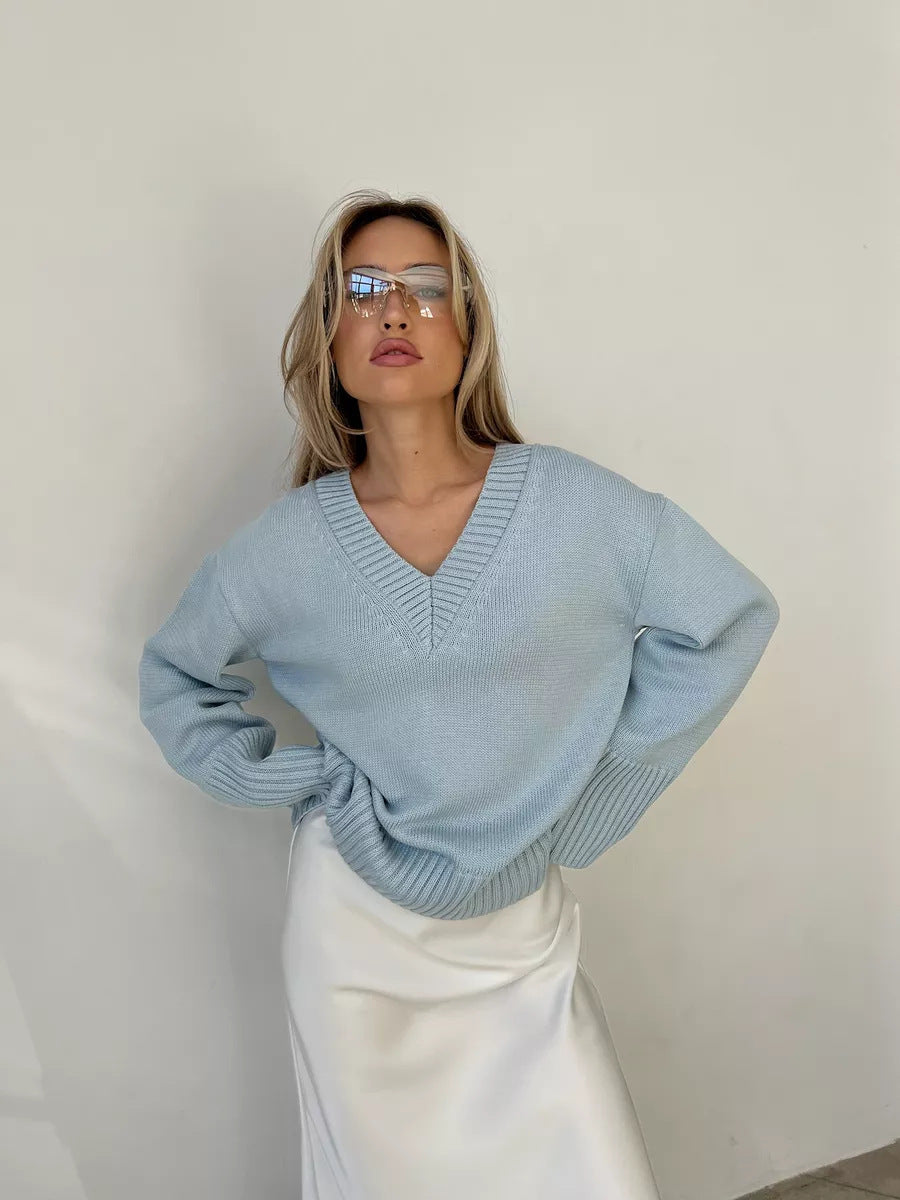 Damen nan oversized Feinstrickpullover mit tiefem V-Ausschnitt, gerippten Bündchen und lockerer Silhouette EB
