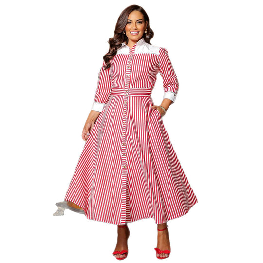 Damen Maxikleid mit eleganten Streifen und Hemdblusenkragen EB
