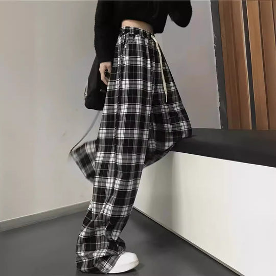 Damen Weite Karohose mit elastischem Bund und Kordelzug EB