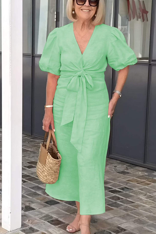 Damen Maxikleid mit eleganten Puffärmeln und Taillenknoten EB