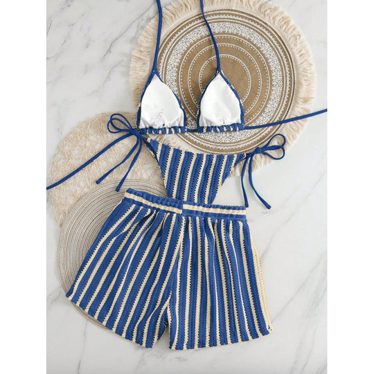 Damen Zweiteiliges Freizeitbadeoutfit mit verstellbarem Oberteil und elastischen Shorts EB