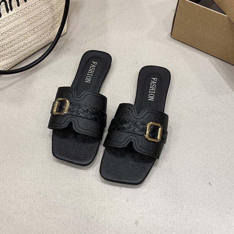Damen Slide-Sandalen mit modischem Riemendesign und glänzendem Schnallenakzent EB