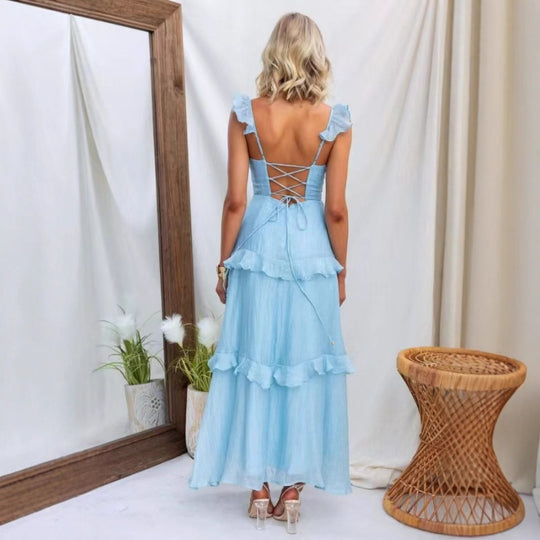Damen Maxikleid mit Rüschendetails und taillierter Silhouette EB