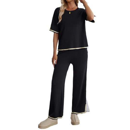 Damen Lässiges Zweiteiliges Set mit Weitem Schnitt und Goldakzenten EB