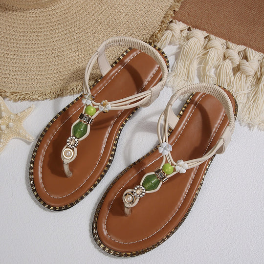 Damen Zehentrennersandalen mit dekorativen Perlenakzenten und komfortablem Fußbett EB