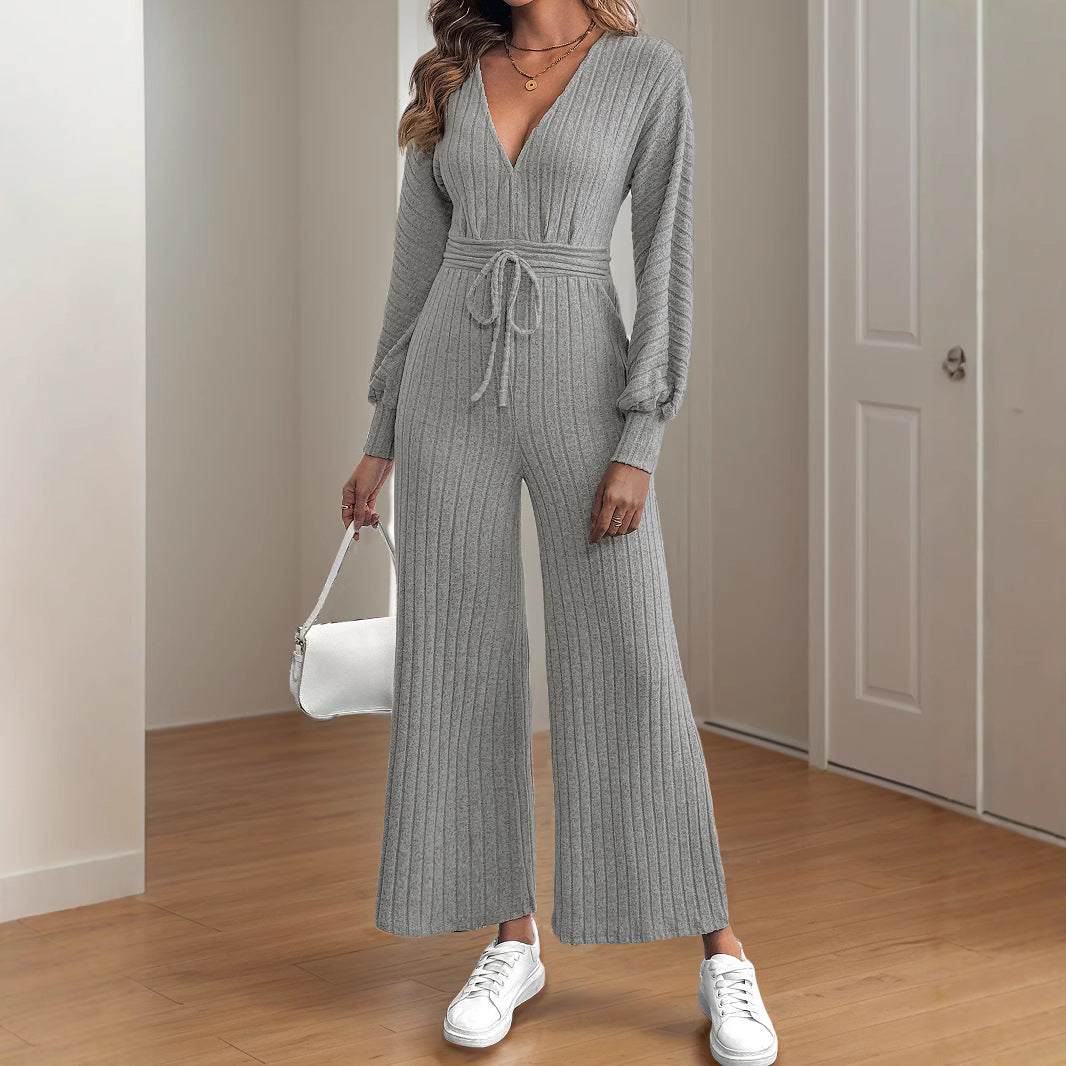 Damen legerer Strick-Jumpsuit mit weitem Bein und Taillengürtel EB