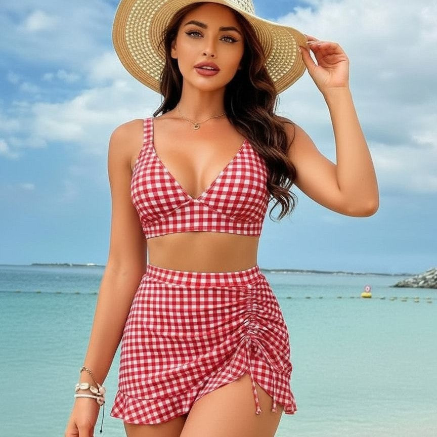 Damen Kariertes Bikini-Set mit verspieltem Rock EB