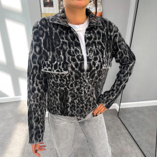 Damen modische Kurzjacke im Leopardenmuster mit aufgesetzten Taschen EB