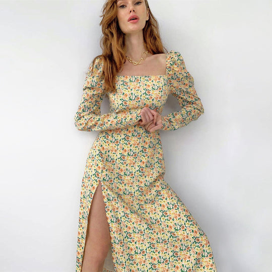 Damen Maxikleid mit ausgefallenem Blumenmuster und langen Puffärmeln EB